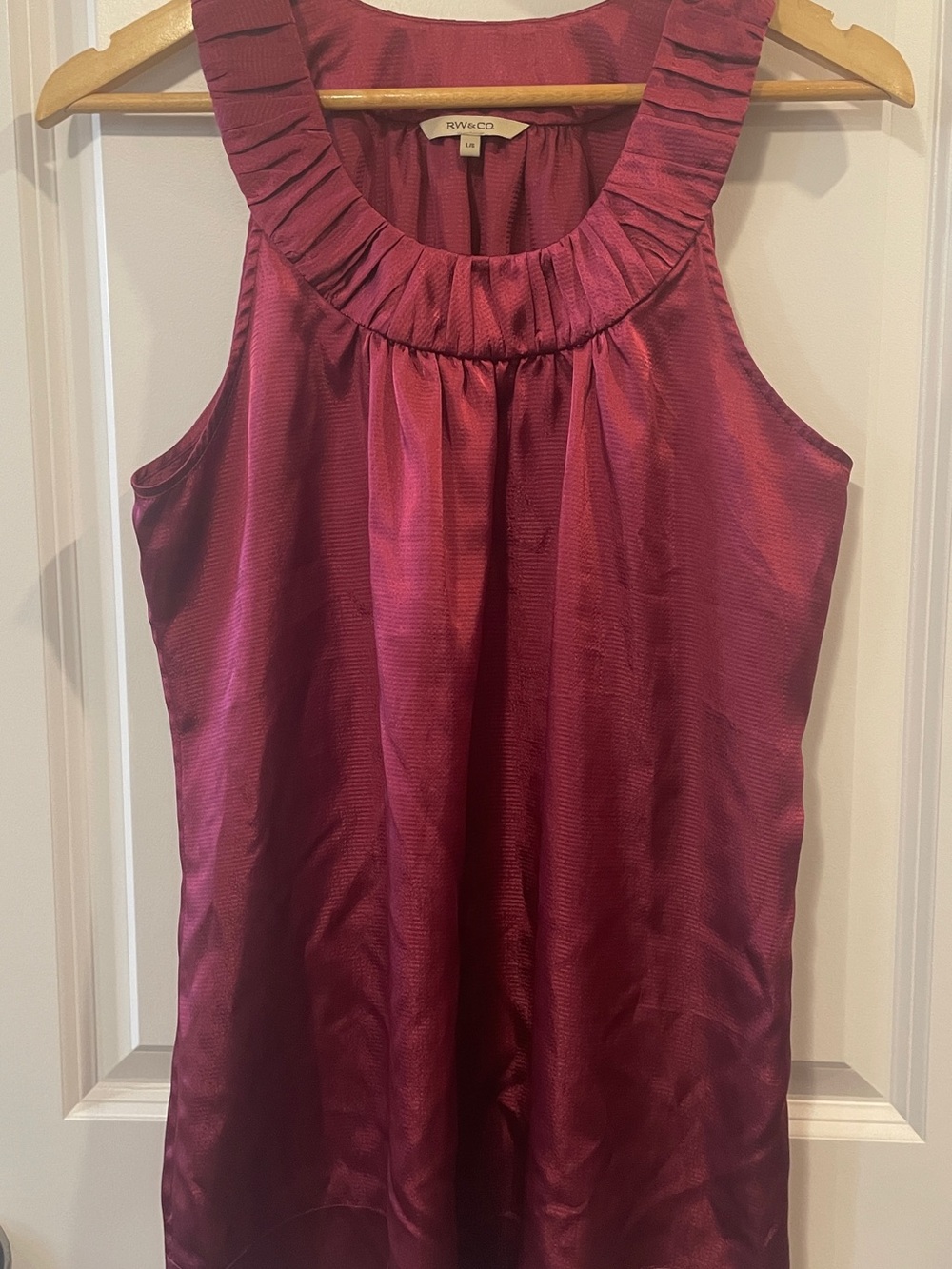 RW&CO. Satin Ruffled Neck Sleeveless Top in Wine